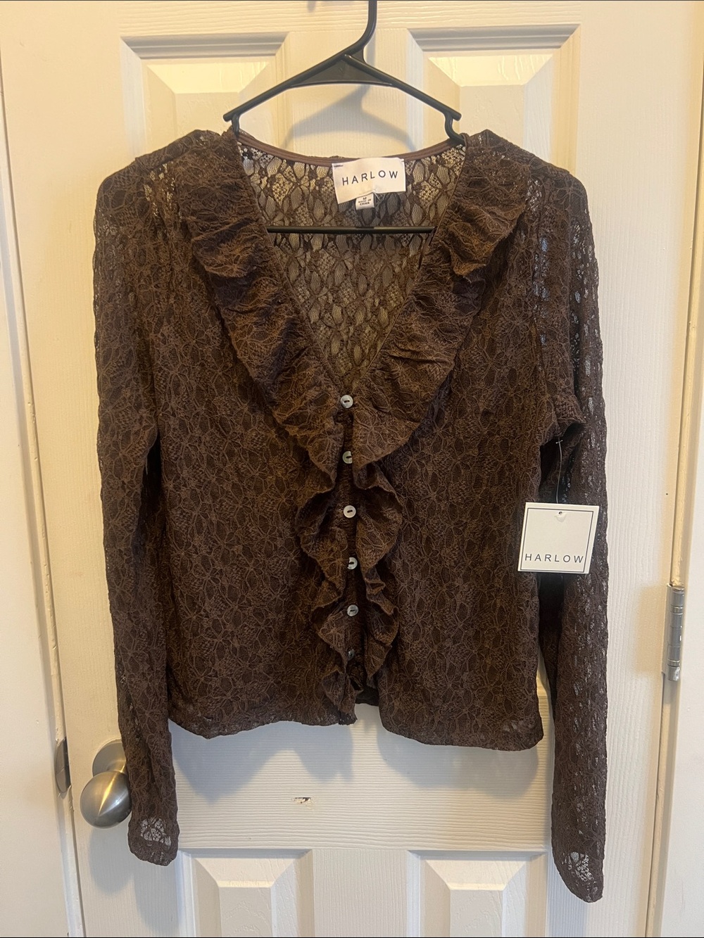 Harlow Chocolate Brown Lace Ruffle Button-Front Blouse